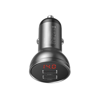 Baseus Car charger - Oplader met 2 USB-poorten en display - Grijs
