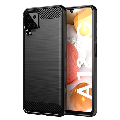Samsung Galaxy A12 / M12 Hoesje - MobyDefend TPU Backcover - Geborstelde Metaal &amp; Carbon-Look - Zwart