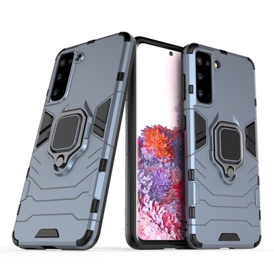 Samsung Galaxy S21 Hoesje - MobyDefend Dubbelgelaagde Pantsercase Met Standaard - Navy blauw