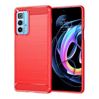 Motorola Edge 20 Pro Hoesje - MobyDefend TPU Backcover - Geborstelde Metaal &amp; Carbon-Look - Rood
