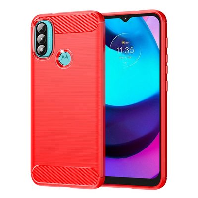 Motorola Moto E20 / E30 / E40 Hoesje - MobyDefend TPU Backcover - Geborstelde Metaal &amp; Carbon-Look - Rood