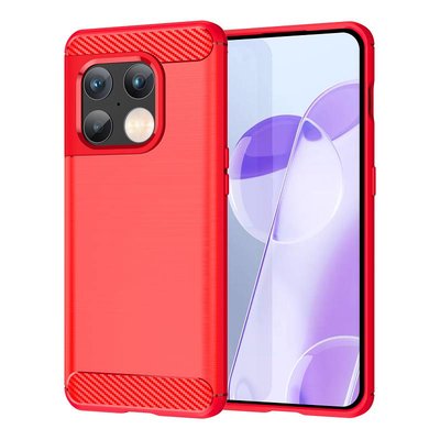 OnePlus 10 Pro Hoesje - MobyDefend TPU Backcover - Geborstelde Metaal &amp; Carbon-Look - Rood