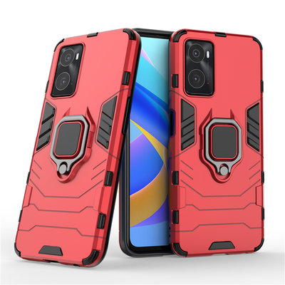 Oppo A76 / Oppo A96 Hoesje - MobyDefend Dubbelgelaagde Pantsercase Met Standaard - Rood