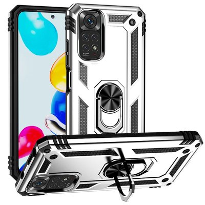 Xiaomi Redmi Note 11 / Note 11S Hoesje - MobyDefend Pantsercase Met Draaibare Ring - Zilvergrijs