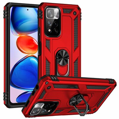 Xiaomi Redmi Note 11 Pro Hoesje - MobyDefend Pantsercase Met Draaibare Ring - Rood