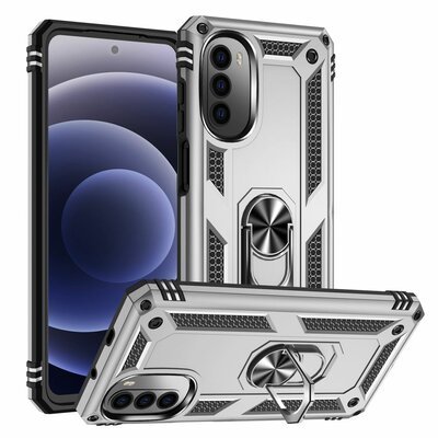 Motorola Moto G52 Hoesje - MobyDefend Pantsercase Met Draaibare Ring - Zilvergrijs