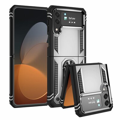 Samsung Galaxy Z Flip 4 Hoesje - MobyDefend Pantsercase Met Draaibare Ring - Zilvergrijs