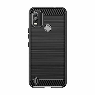 Nokia C21 Plus Hoesje - MobyDefend TPU Backcover - Geborstelde Metaal &amp; Carbon-Look - Zwart
