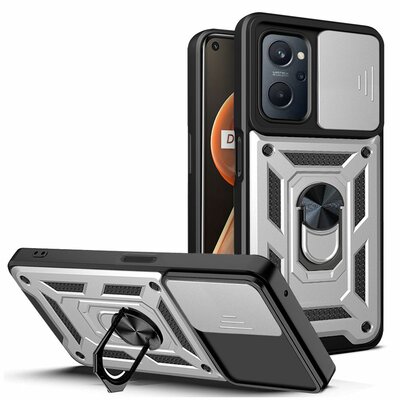 Oppo A17 Hoesje - MobyDefend Pantsercase Met Draaibare Ring - Zilvergrijs