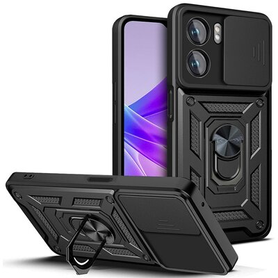 Oppo A57 / A57s / A77 Hoesje - MobyDefend Pantsercase Met Draaibare Ring - Zwart