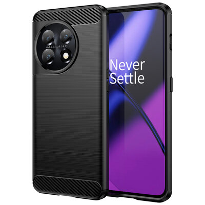 OnePlus 11 Hoesje - MobyDefend TPU Backcover - Geborstelde Metaal &amp; Carbon-Look - Zwart