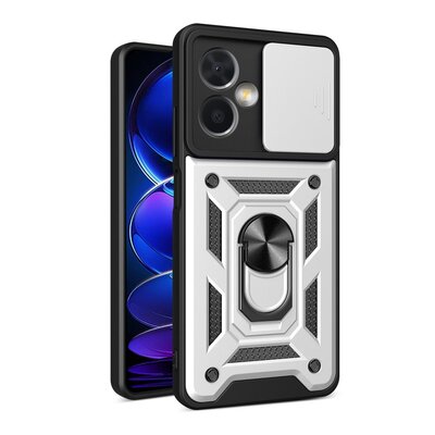 Xiaomi Redmi Note 12 5G Hoesje - MobyDefend Pantsercase Met Draaibare Ring - Zilvergrijs