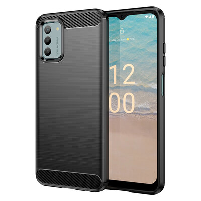 Nokia G22 Hoesje - MobyDefend TPU Backcover - Geborstelde Metaal &amp; Carbon-Look - Zwart