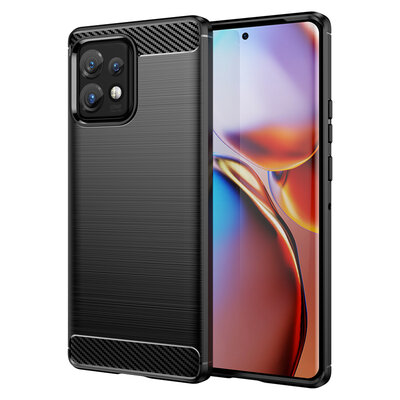 Motorola Edge 40 Pro Hoesje - MobyDefend TPU Backcover - Geborstelde Metaal &amp; Carbon-Look - Zwart