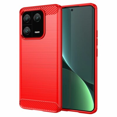 Xiaomi 13 Pro Hoesje - MobyDefend TPU Backcover - Geborstelde Metaal &amp; Carbon-Look - Rood