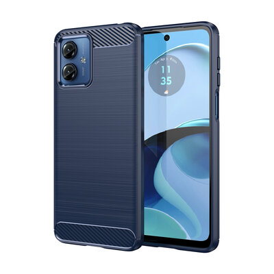 Motorola Moto G14 Hoesje - MobyDefend TPU Backcover - Geborstelde Metaal &amp; Carbon-Look - Blauw