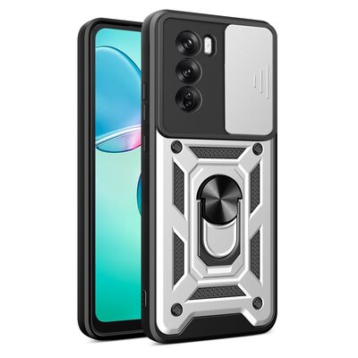 Oppo Reno12 Pro Hoesje - MobyDefend Pantsercase Met Draaibare Ring - Zilvergrijs