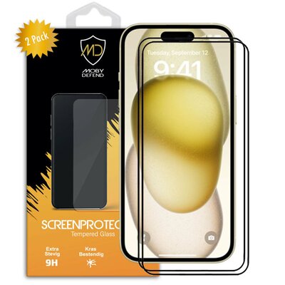 2-Pack iPhone 15 Plus Screenprotectors - MobyDefend Screensavers Met Zwarte Randen - Gehard Glas 