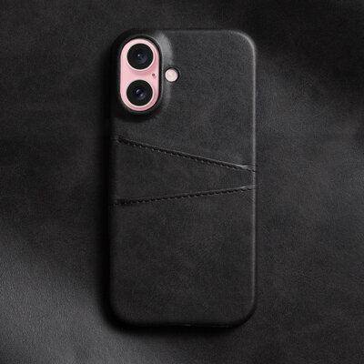 iPhone 16 Hoesje - MobyDefend Lederen Backcover Met Vakjes Voor Pasjes - Zwart