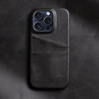 iPhone 16 Pro Hoesje - MobyDefend Lederen Backcover Met Vakjes Voor Pasjes - Zwart