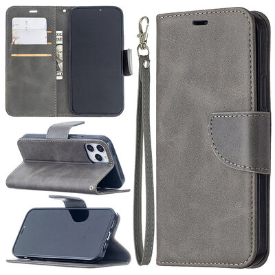 iPhone 12 / iPhone 12 Pro Hoesje - MobyDefend Wallet Book Case Met Koord - Grijs