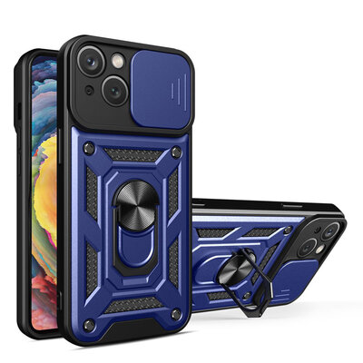 iPhone 15 Plus Hoesje - MobyDefend Pantsercase Met Draaibare Ring - Blauw