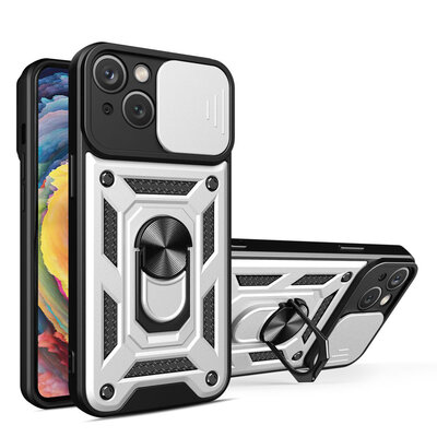 iPhone 15 Plus Hoesje - MobyDefend Pantsercase Met Draaibare Ring - Zilvergrijs