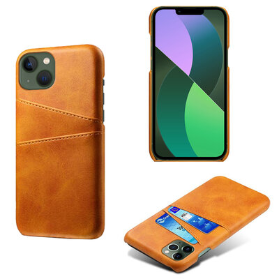 iPhone 14 Hoesje - MobyDefend Lederen Backcover Met Vakjes Voor Pasjes - Cognacbruin