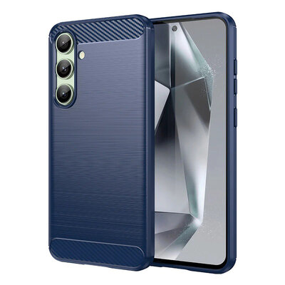 Samsung Galaxy S24 FE Hoesje - MobyDefend TPU Backcover - Geborstelde Metaal &amp; Carbon-Look - Blauw