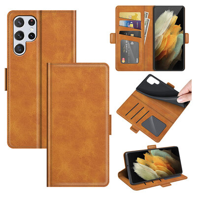 Samsung Galaxy S22 Ultra Hoesje - MobyDefend Luxe Wallet Book Case (Sluiting Zijkant) - Lichtbruin
