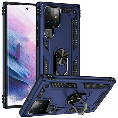 Samsung Galaxy S22 Ultra Hoesje - MobyDefend Pantsercase Met Draaibare Ring - Blauw