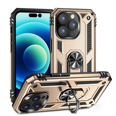 iPhone 14 Pro Hoesje - MobyDefend Pantsercase Met Draaibare Ring - Goud