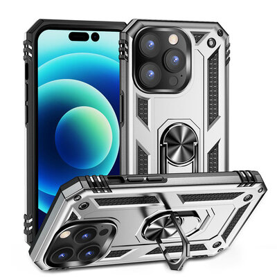 iPhone 14 Pro Max Hoesje - MobyDefend Pantsercase Met Draaibare Ring - Zilvergrijs