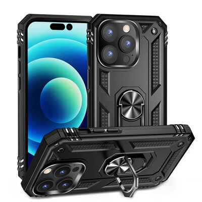 iPhone 14 Pro Max Hoesje - MobyDefend Pantsercase Met Draaibare Ring - Zwart