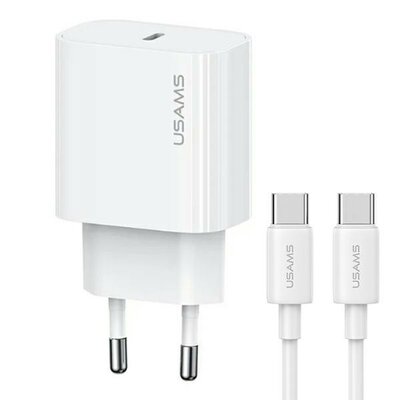 USAMS Wall charger m&eacute;t USB-C Kabel - Oplader met 1 USB-C poort - 20W - PD2.0 - Wit