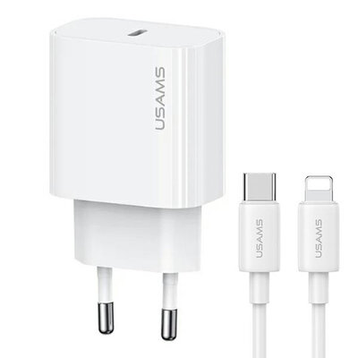 USAMS Wall charger m&eacute;t Lightning Kabel - Oplader met 1 USB-C poort - 20W - PD2.0 - Wit