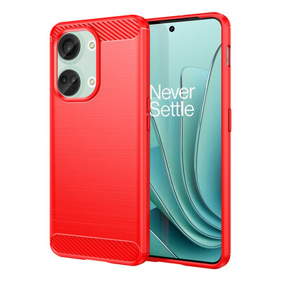 OnePlus Nord 3 Hoesje - MobyDefend TPU Backcover - Geborstelde Metaal &amp; Carbon-Look - Rood