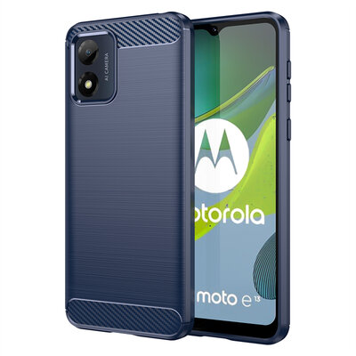 Motorola Moto E13 Hoesje - MobyDefend TPU Backcover - Geborstelde Metaal &amp; Carbon-Look - Blauw
