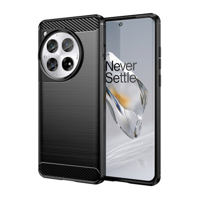 OnePlus 12 Hoesje - MobyDefend TPU Backcover - Geborstelde Metaal &amp; Carbon-Look - Zwart