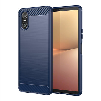 Sony Xperia 10 VI Hoesje - MobyDefend TPU Backcover - Geborstelde Metaal &amp; Carbon-Look - Blauw
