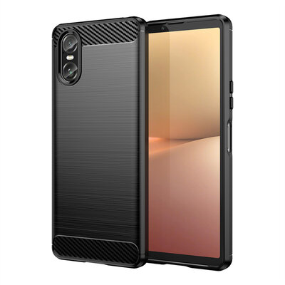 Sony Xperia 10 VI Hoesje - MobyDefend TPU Backcover - Geborstelde Metaal &amp; Carbon-Look - Zwart