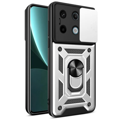 Xiaomi Redmi Note 13 Pro 5G Hoesje - MobyDefend Pantsercase Met Draaibare Ring - Zilvergrijs
