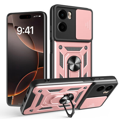 Motorola Moto E15 / G05 Hoesje - MobyDefend Pantsercase Met Draaibare Ring - Ros&eacute;