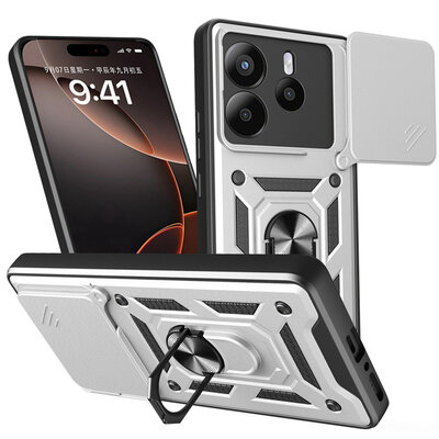 Xiaomi Redmi Note 14 5G Hoesje - MobyDefend Pantsercase Met Draaibare Ring - Zilvergrijs