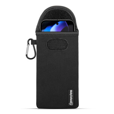 Hoesje voor Google Pixel 9 / Pixel 9 Pro - MobyDefend Neopreen Pouch Met Karabijnhaak - Insteekhoesje - Riemlus Hoesje - Zwart