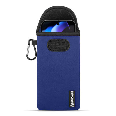 Hoesje voor Google Pixel 9 / Pixel 9 Pro - MobyDefend Neopreen Pouch Met Karabijnhaak - Insteekhoesje - Riemlus Hoesje - Blauw