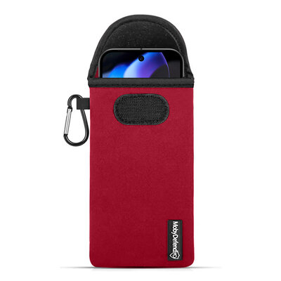 Hoesje voor Google Pixel 9 / Pixel 9 Pro - MobyDefend Neopreen Pouch Met Karabijnhaak - Insteekhoesje - Riemlus Hoesje - Rood