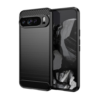 Google Pixel 9 Pro XL Hoesje - MobyDefend TPU Backcover - Geborstelde Metaal &amp; Carbon-Look - Zwart