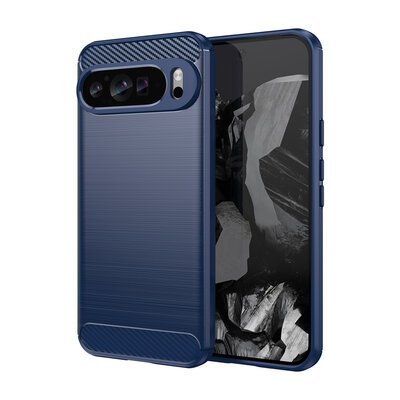 Google Pixel 9 Pro XL Hoesje - MobyDefend TPU Backcover - Geborstelde Metaal &amp; Carbon-Look - Blauw