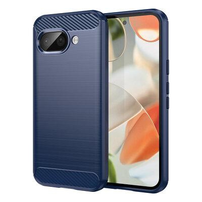 Google Pixel 9a Hoesje - MobyDefend TPU Backcover - Geborstelde Metaal &amp; Carbon-Look - Blauw